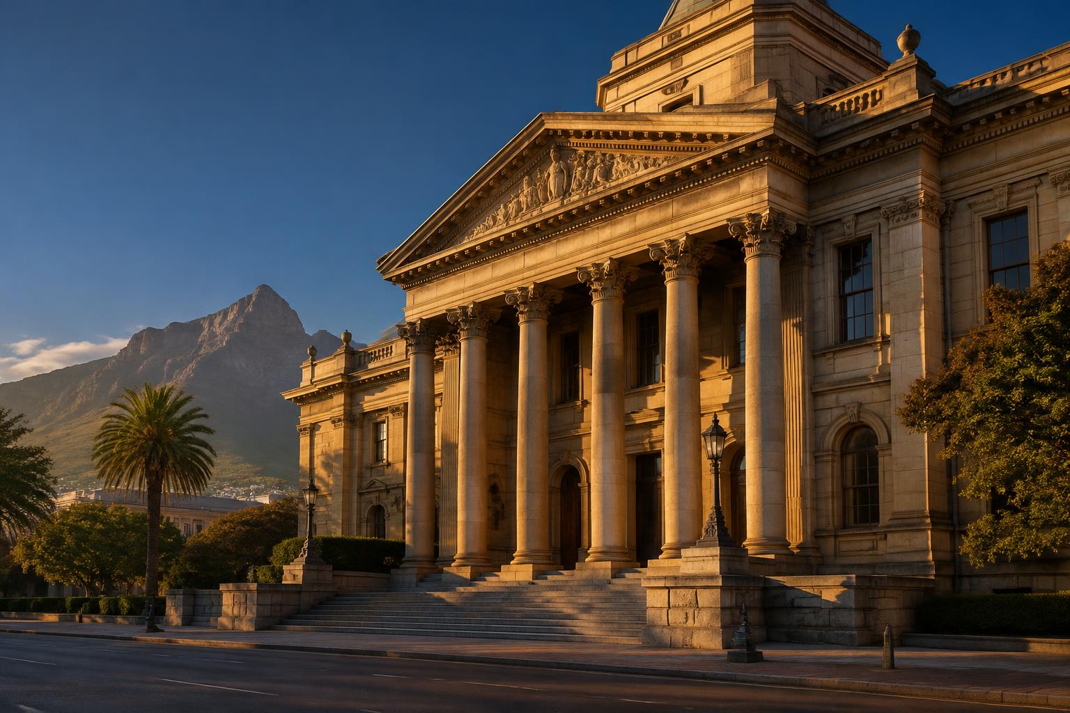The columned facade of a South African high court in golden morning light