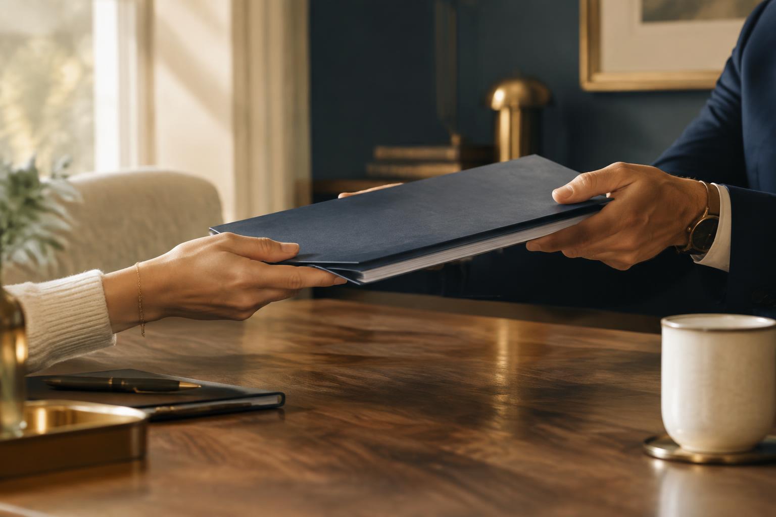 Two people exchanging a folder of documents across a wooden table