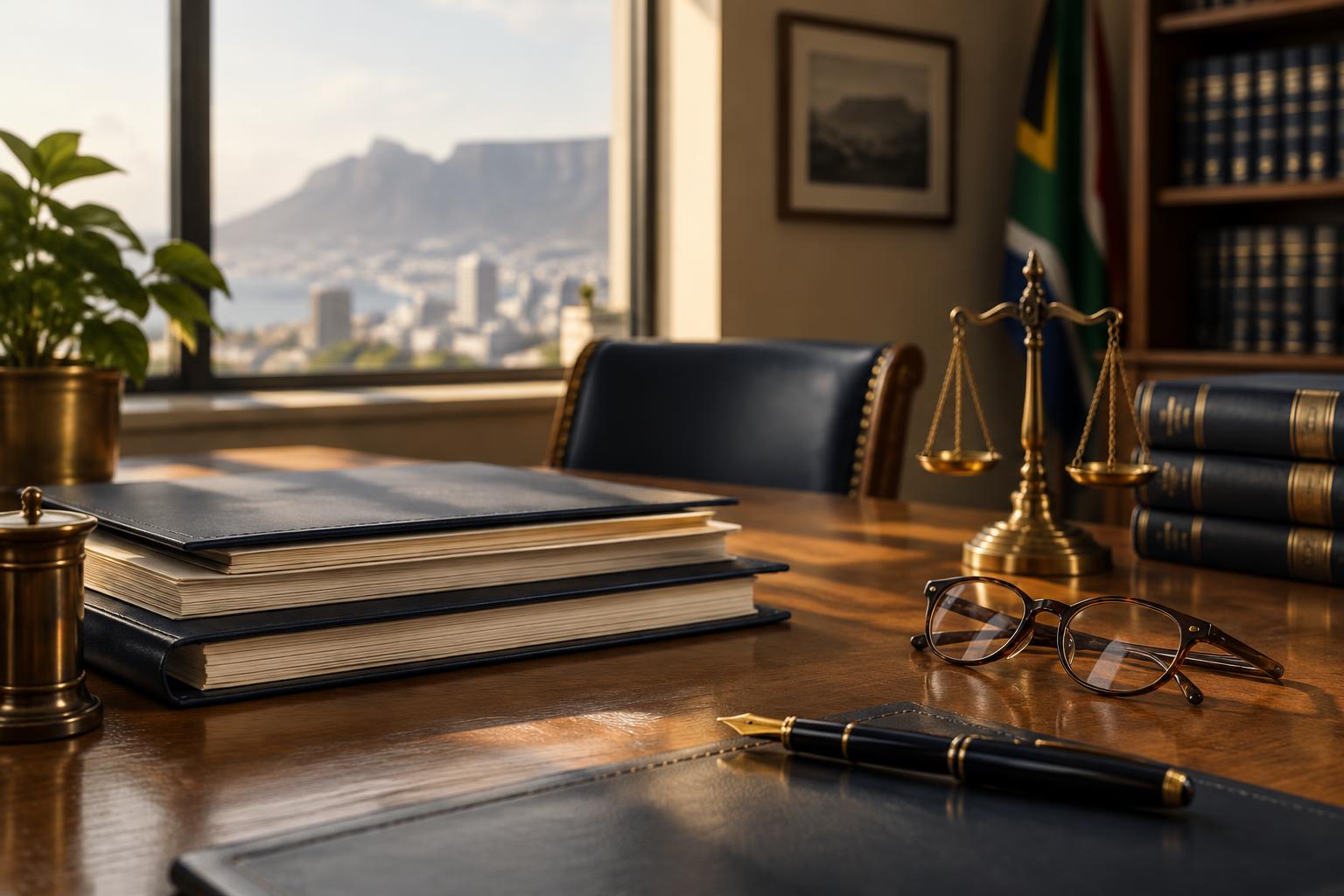 A South African attorney's desk with legal documents, a brass scale and a view of Table Mountain